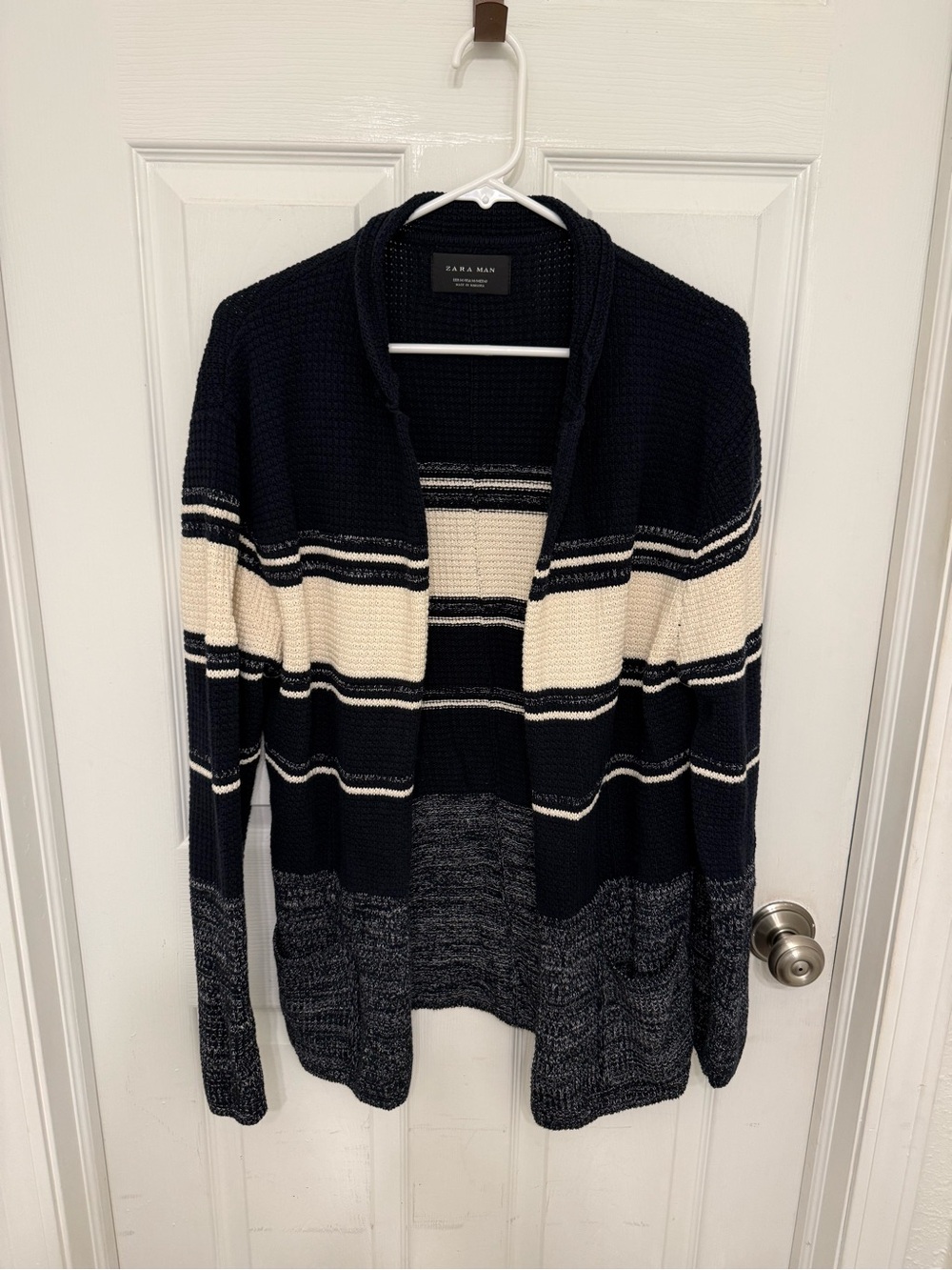 Zara Man Open Cardigan Sweater Blue/Cream Sz M Pockets Preppy Casual Office